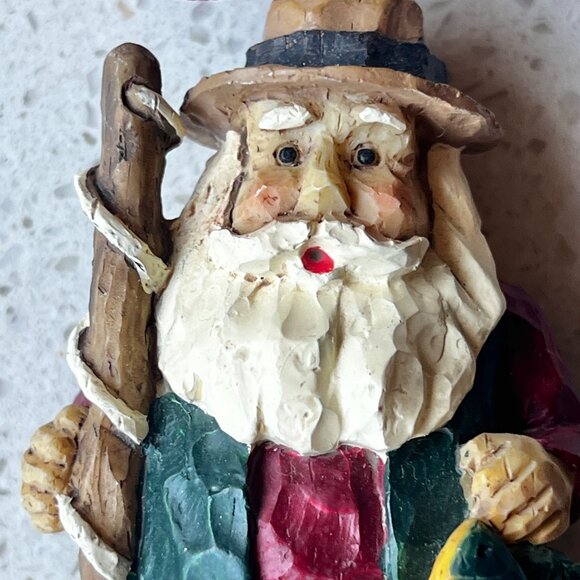 Hand-Carved Santa Fisherman Christmas Ornament With Fishing Pole & Fish - Picture 3 of 7
